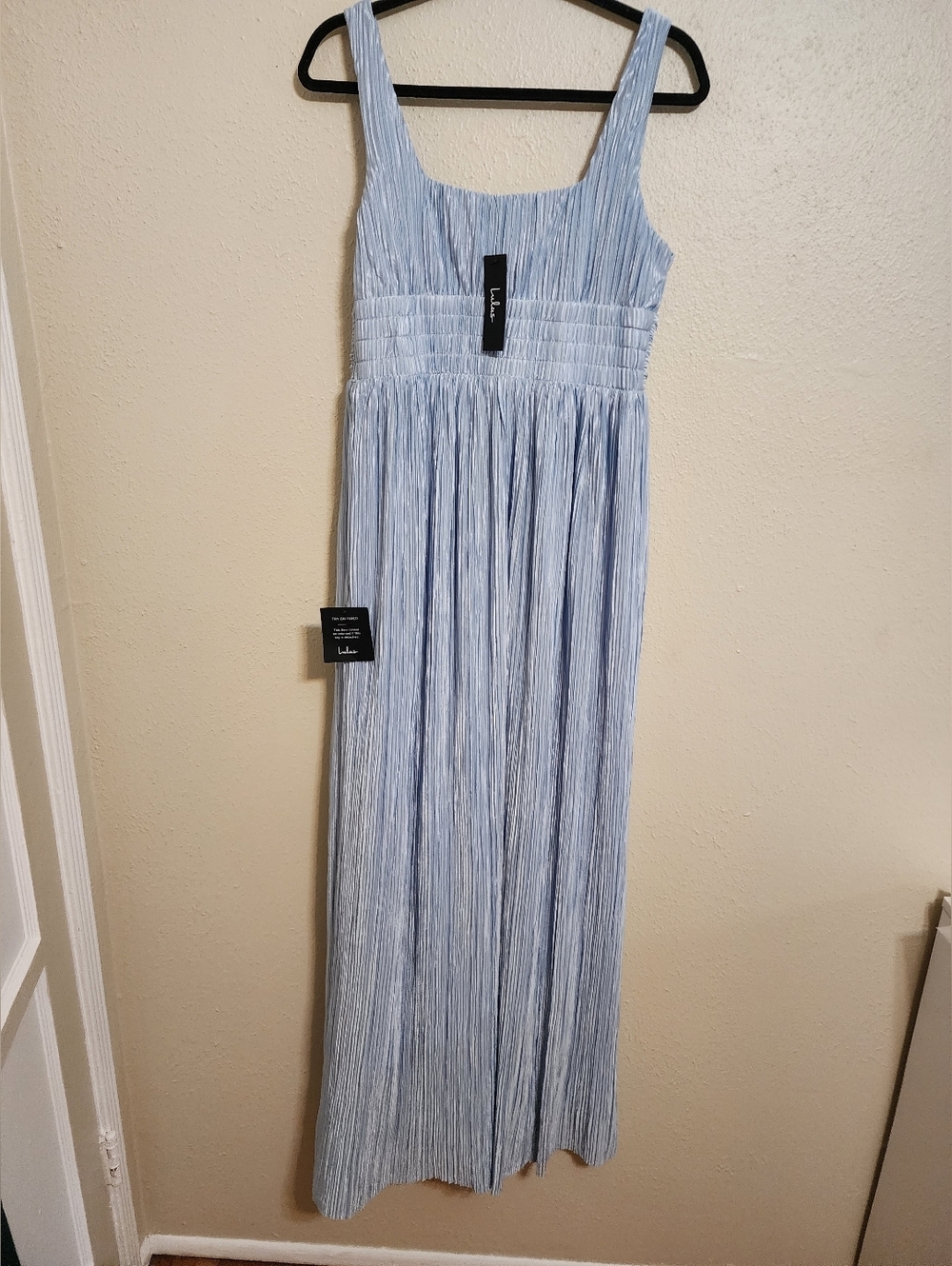 Lulus Ameena Light Blue Plisse Square Neck Sash Maxi Dress Wedding Party Prom - Picture 8 of 9
